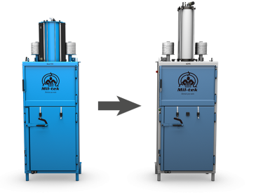 Two balers with an arrow from the old model on the left to the new model on the right, showing the upgrade