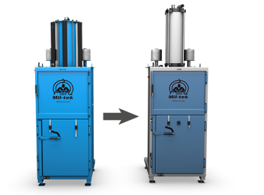 Two balers with an arrow from the old model on the left to the new model on the right, showing the upgrade