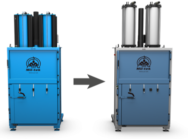 Two balers with an arrow from the old model on the left to the new model on the right, showing the upgrade