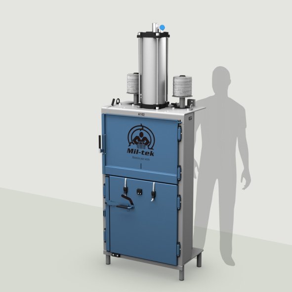 A102-2026-us-edition-cardboard-press-plastic-press-blue-machine-gray-background-with-shadow