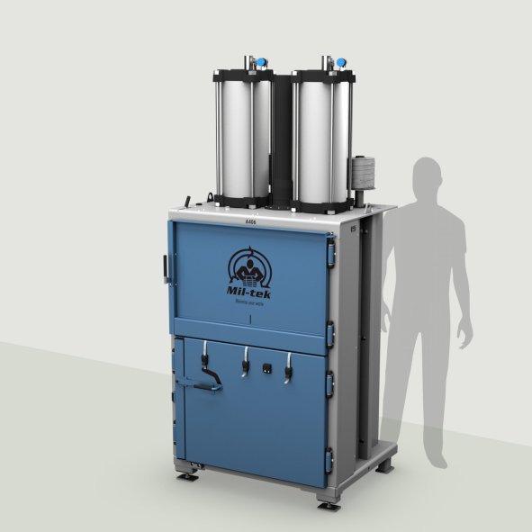 A406-2026-us-edition - cardboard baler & plastic baler - blue machine - grey background - Mil-tek USA