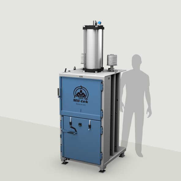A305-2026-us-edition-cardboard-press-plastic-press-blue-machine-gray-background-with-shadow